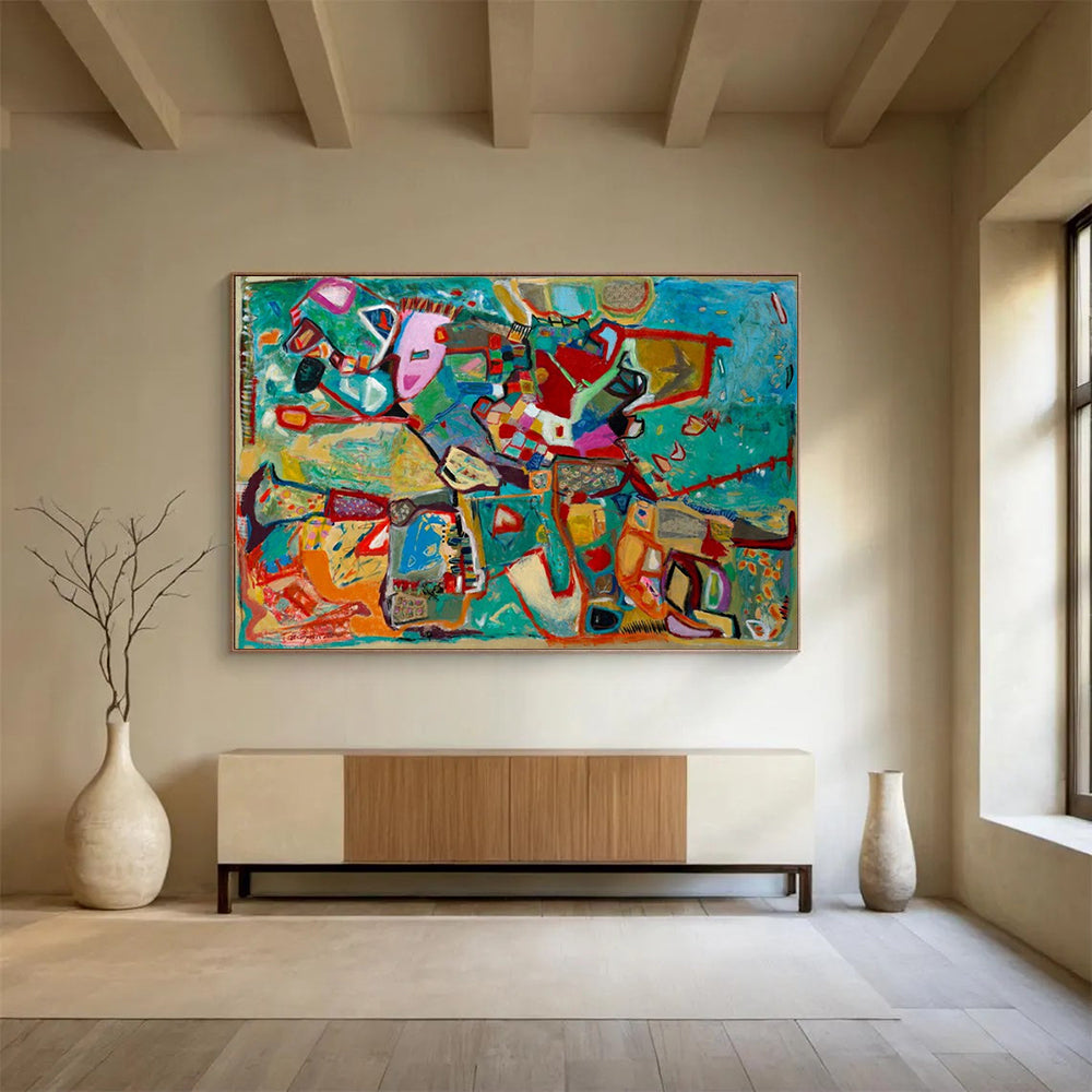 Vibrant, abstract painting with a mix of colors and shapes on a blue background CT1657