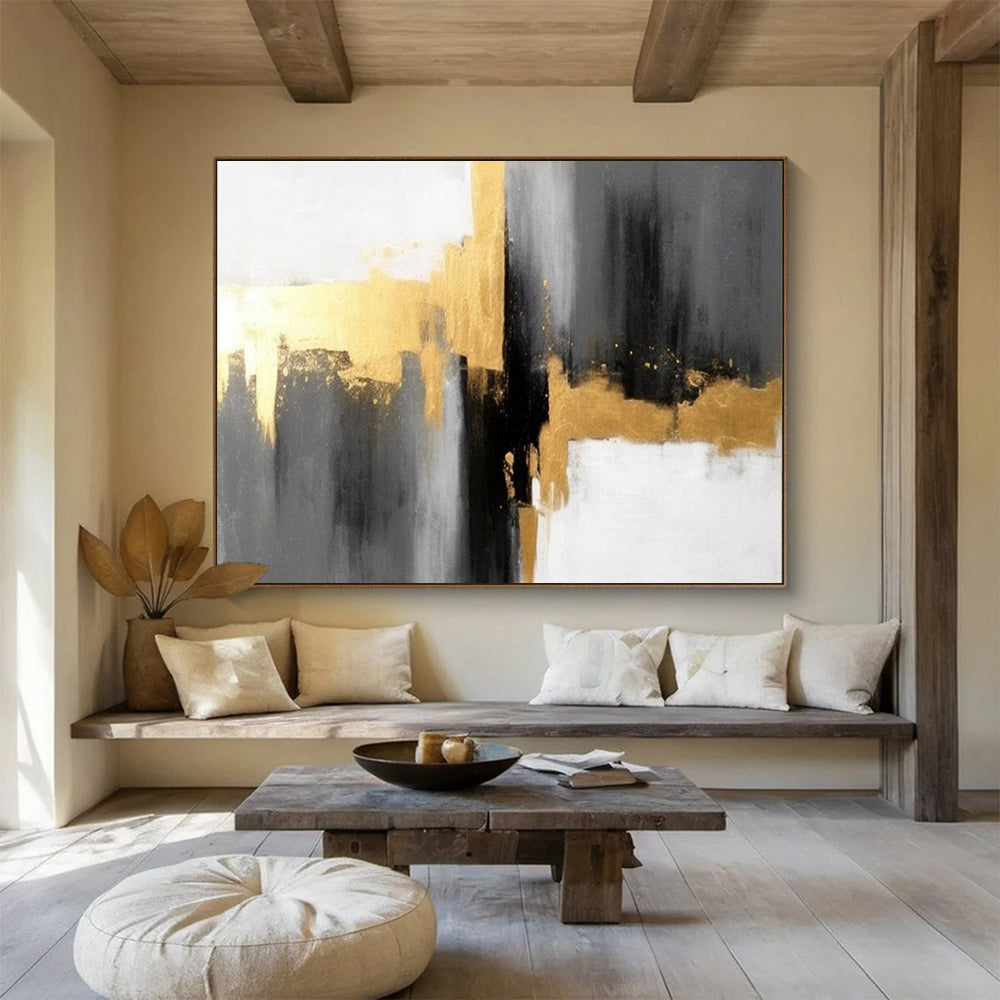 “Hand - painted Gold - Accented Abstraction” - Minimalist abstract with gold, gray, and white CT1648