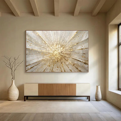 “Golden Burst of Light” - Whites, golds; radiating golden lines and splatters CT1615