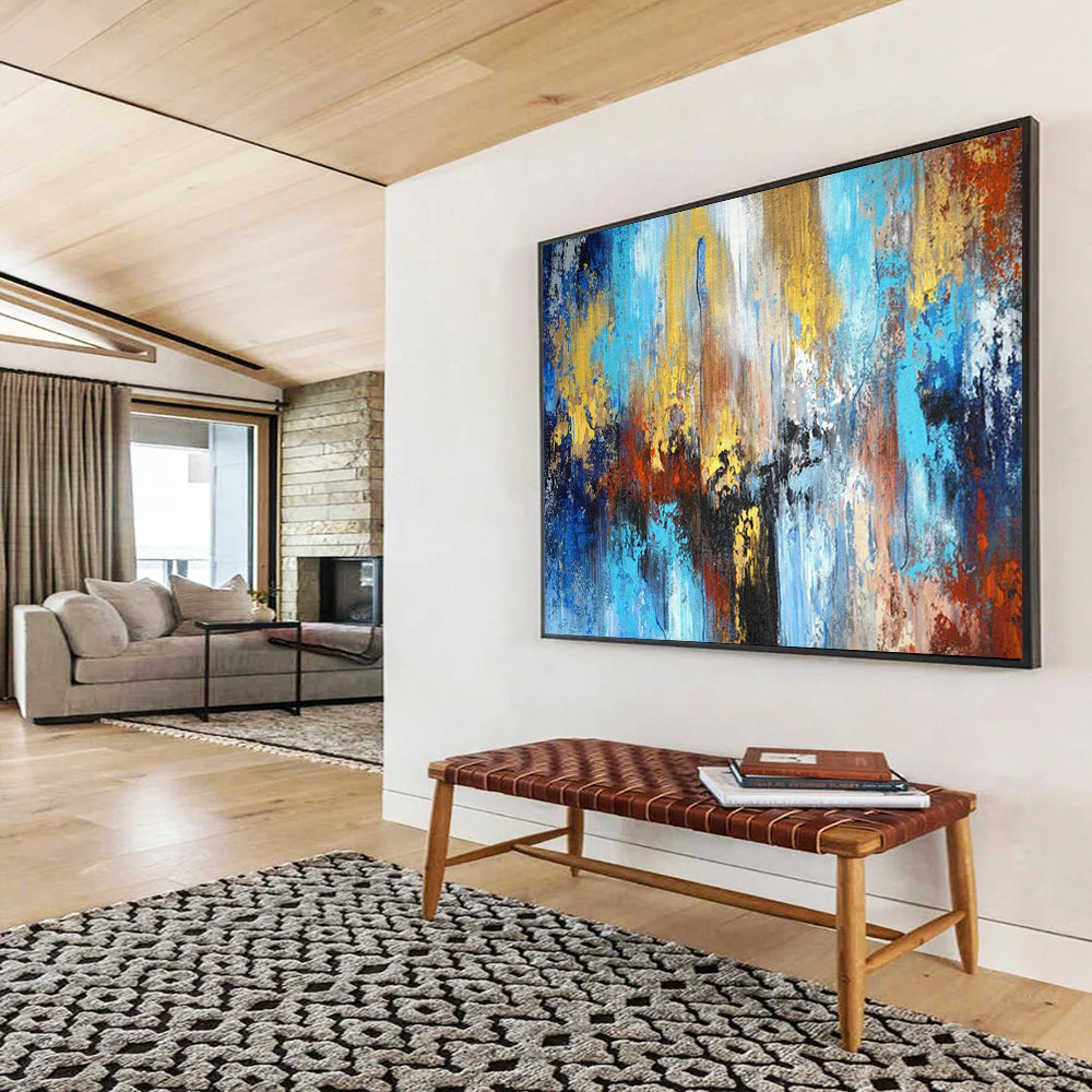 “Blue - Gold Urban Impasto” - Blues, golds, reds; vibrant, textured cityscape abstraction CT1606