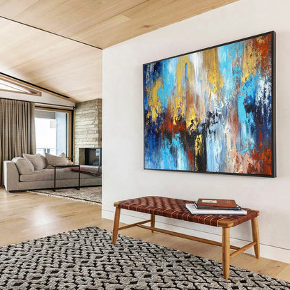 “Blue - Gold Urban Impasto” - Blues, golds, reds; vibrant, textured cityscape abstraction CT1606