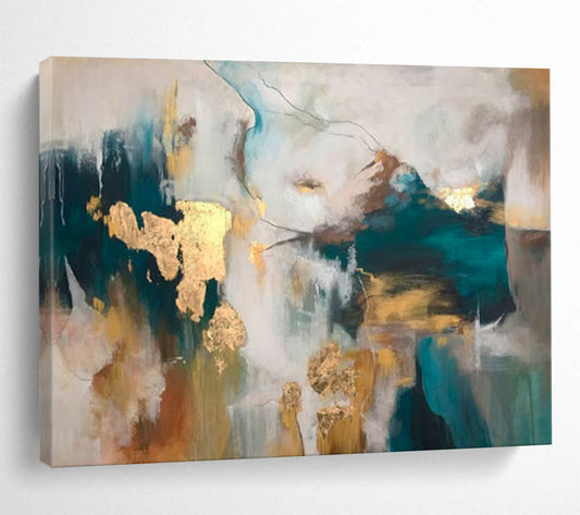“Teal - Gold Abstract Fusion” - Teals, golds, whites; bold, textured abstraction with metallic flakes CT1632