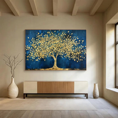 “Midnight Gold Tree” - Golds, deep blues; striking golden tree against a dark sky CT1620