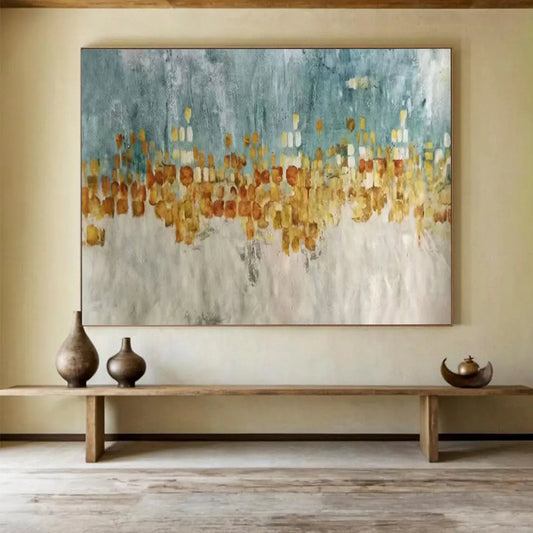 “Blue - Gold Urban Impression” - Blue, gray, gold, orange; blocky urban skyline CT1592