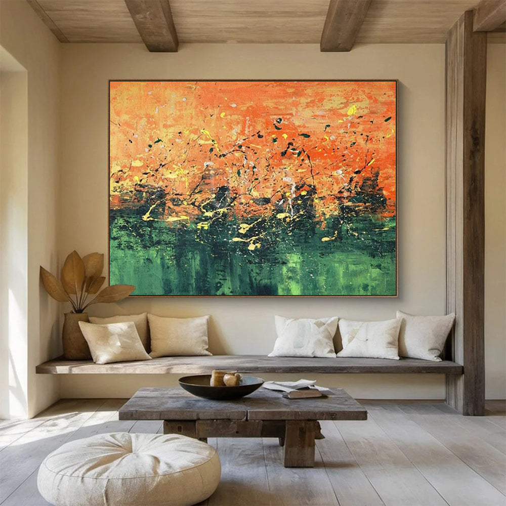 “Sunset Splash Symphony” - Oranges, greens, yellows, blacks; chaotic, colorful splatters CT1603