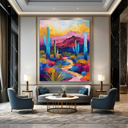 “Desert Vividness” - Colorful Desert Landscape with Cacti Painting On Canvas DKH1556