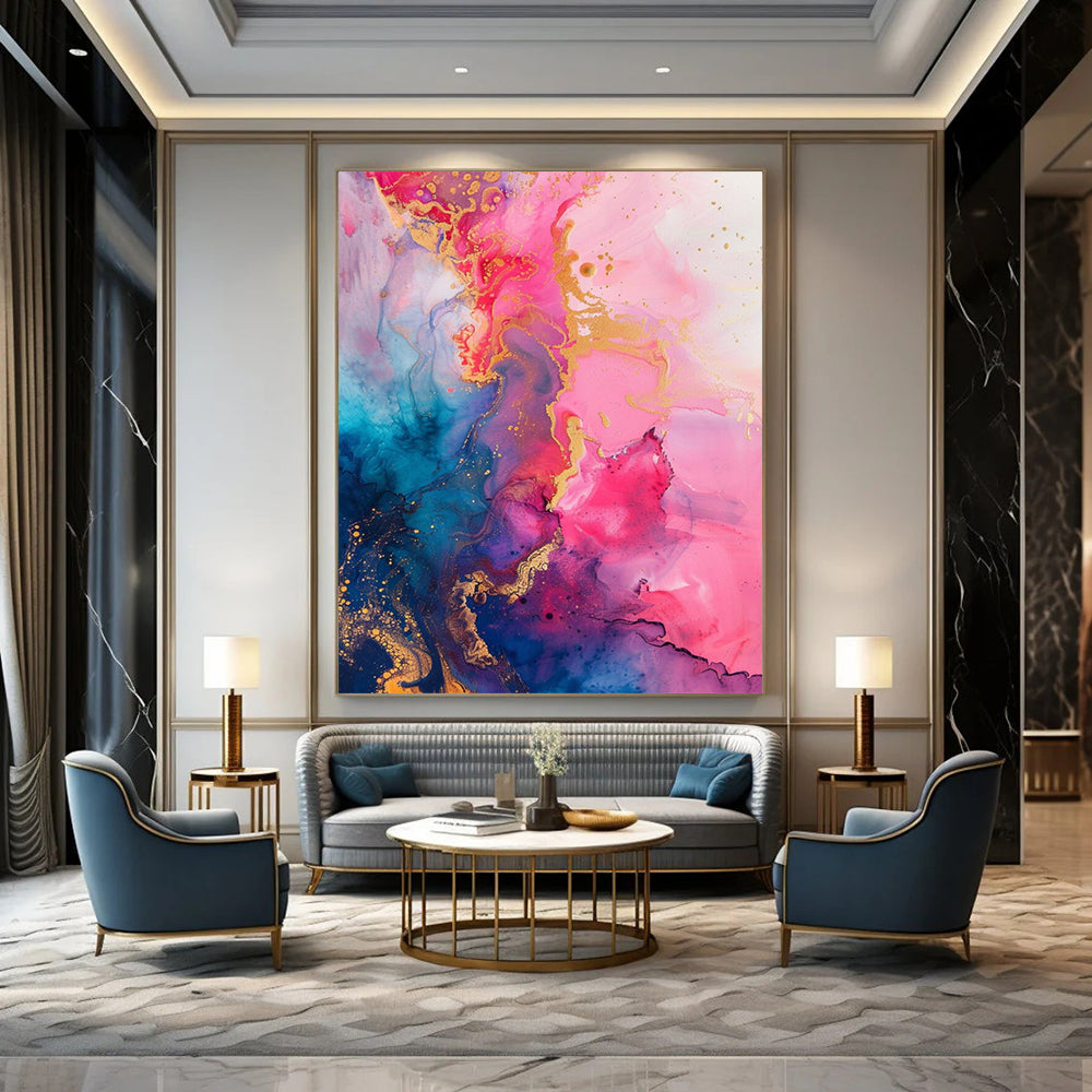 “Pink - Blue Gold Swirl” - Pink, Blue, Gold Fluid Abstract Painting On Canvas DTP286