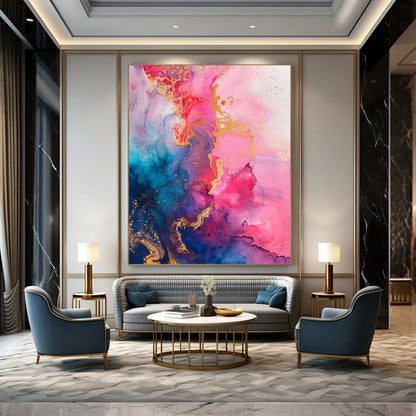 “Pink - Blue Gold Swirl” - Pink, Blue, Gold Fluid Abstract Painting On Canvas DTP286