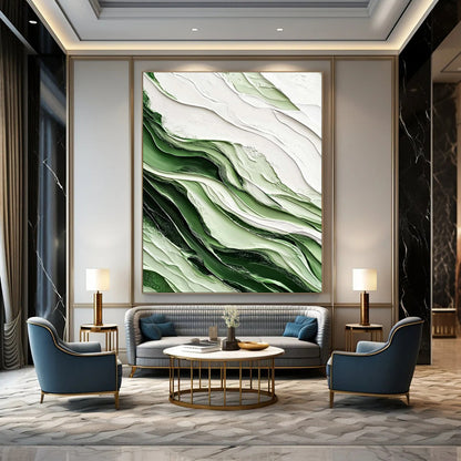“Emerald and Ivory Waves” – Textured Abstract Acrylic Art CT2069