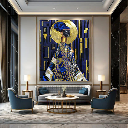 “Regal Blue & Gold Figure” - Afro - Centric Inspired Portrait Painting On Canvas DKH1624