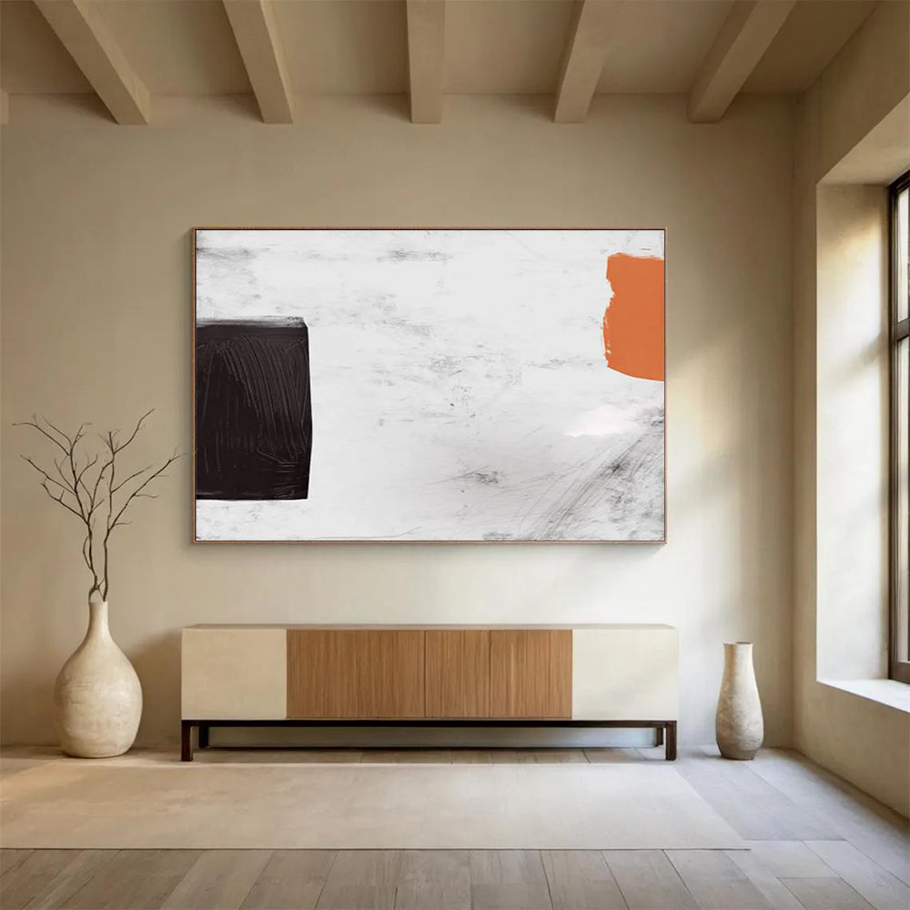 “Black - White - Orange Minimalist” Abstract Geometric Painting On Canvas DLZ146