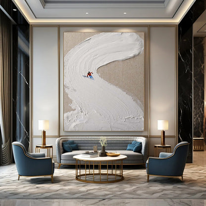“White, Red, Blue Skiing Scene ‘Snowy Trail’” - Impasto Ski Landscape Painting On Canvas DTP311