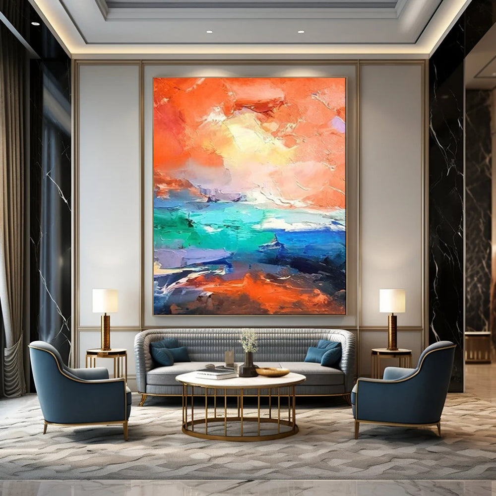 “Vibrant Orange & Turquoise Abstract Seascape” – Abstract Oil Painting On Canvas CT2114
