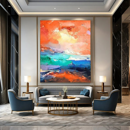 “Vibrant Orange & Turquoise Abstract Seascape” – Abstract Oil Painting On Canvas CT2114