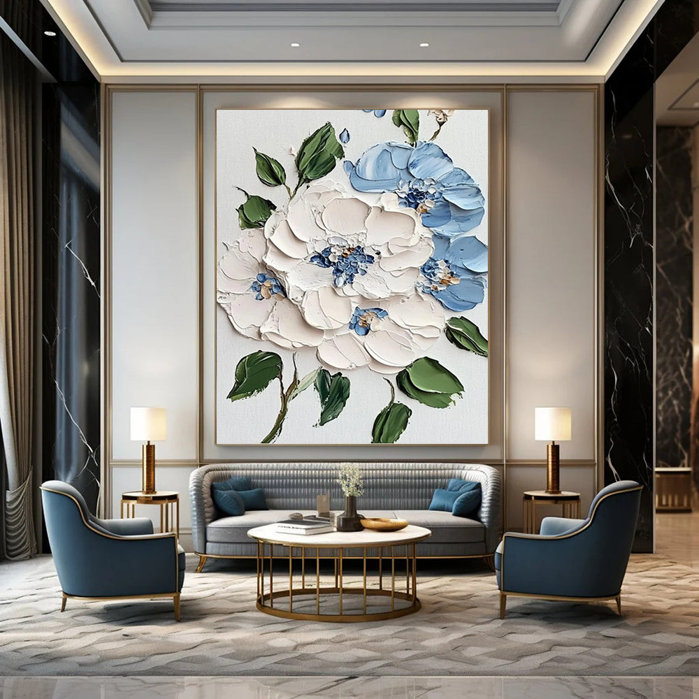 Blue, White and Green Floral 3D Effect - Impasto Flower Painting On Canvas DKH1387