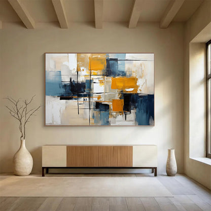 Abstract Geometric Blocks in Yellow and Blue Painting On Canvas DKH183
