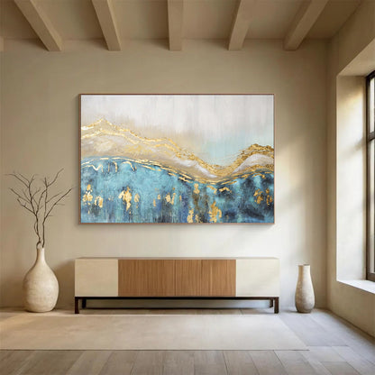 “Gilded Waves of Blue” - Blue, Gold, White Textured Abstract Painting On Canvas DKH733