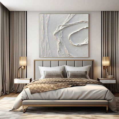 White Textured Curved Abstraction - Minimalist Textured Acrylic On Canvas CT1348