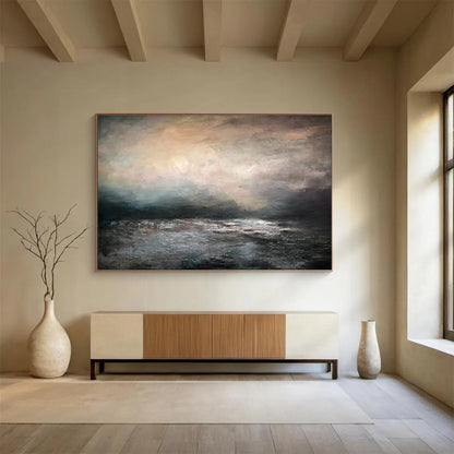 “Moody Sea at Dusk” - Dark Multicolor Impressionistic Seascape Painting On Canvas DKH769