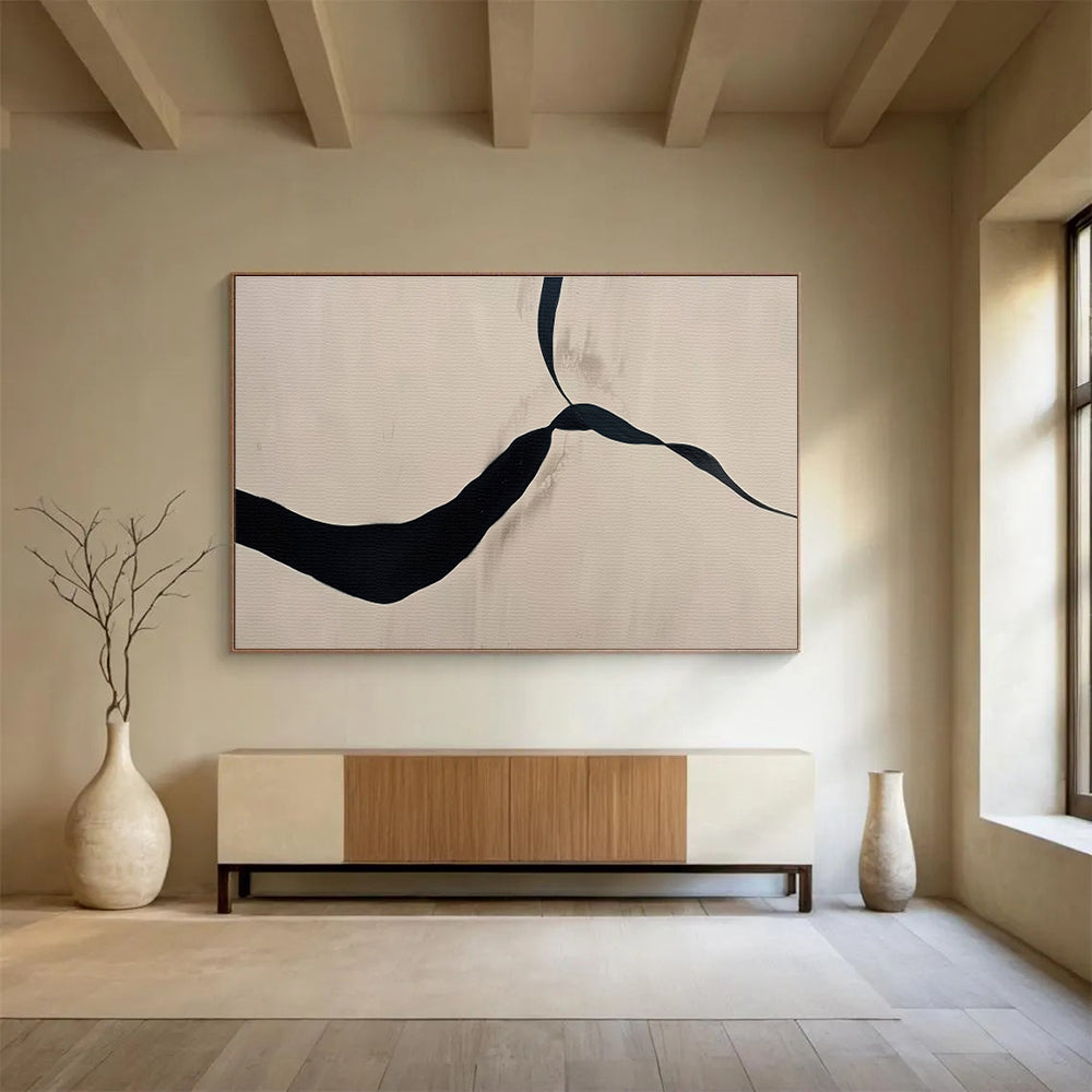 Beige and Black Abstract “Simple Elegant Flow” Painting On Canvas DKH145