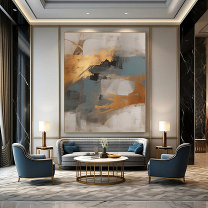 “Gray - Gold Abstract Shapes” - Modernist Abstract Painting On Canvas DTP136