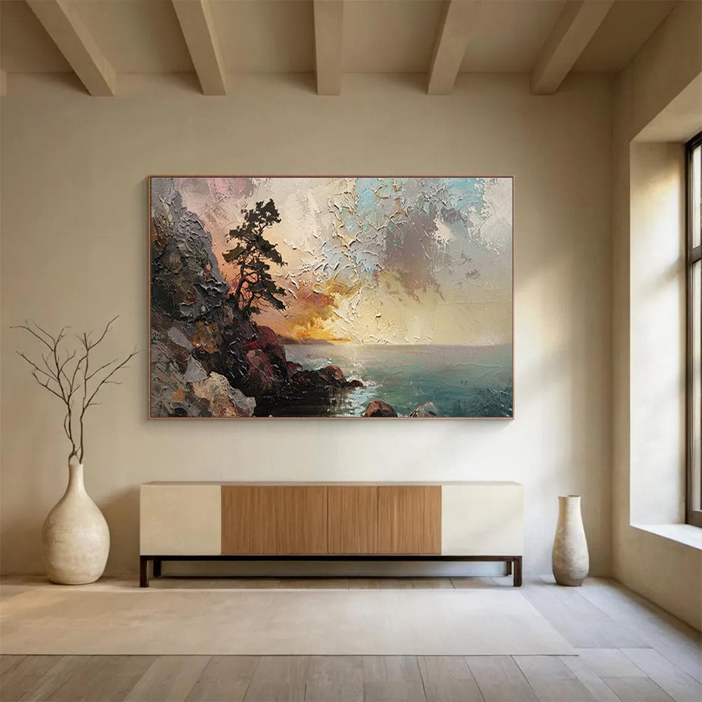 “Coastal Pine & Sunset” Impasto Seaside Painting On Canvas DKH463