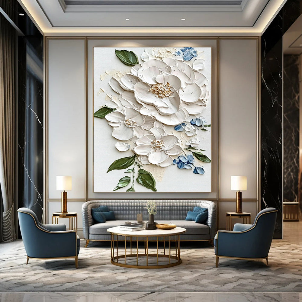 White Peony and Blue Accent Impasto - Textured Floral Painting On Canvas DKH1388