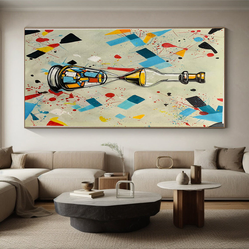 Colorful Geometric Splash with Bottle - Hourglass, “Time in a Kaleidoscope” - Pop - Abstract Mixed - Media Painting CT0718