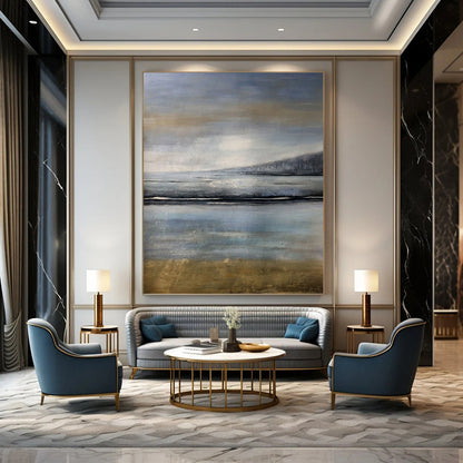 “Misty Coastal Blues” - Blue & Gray Abstract Seaside Landscape Painting On Canvas DKH1576