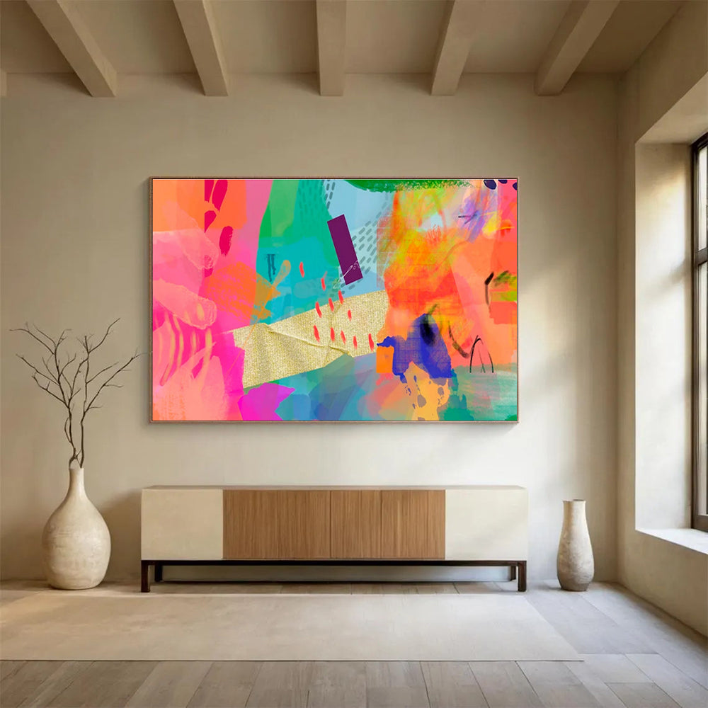 Vibrant Mixed - Media Abstract in Neon and Gold Painting On Canvas DKH199