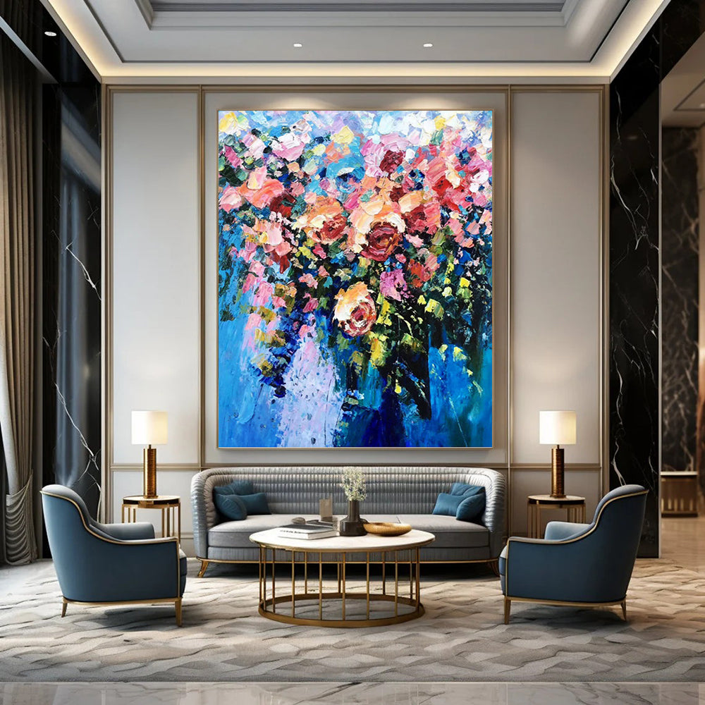 Vibrant Floral Bouquet in Blue Vase - Impasto Flower Painting On Canvas DKH1349