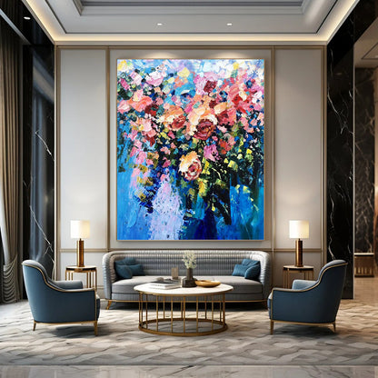 Vibrant Floral Bouquet in Blue Vase - Impasto Flower Painting On Canvas DKH1349