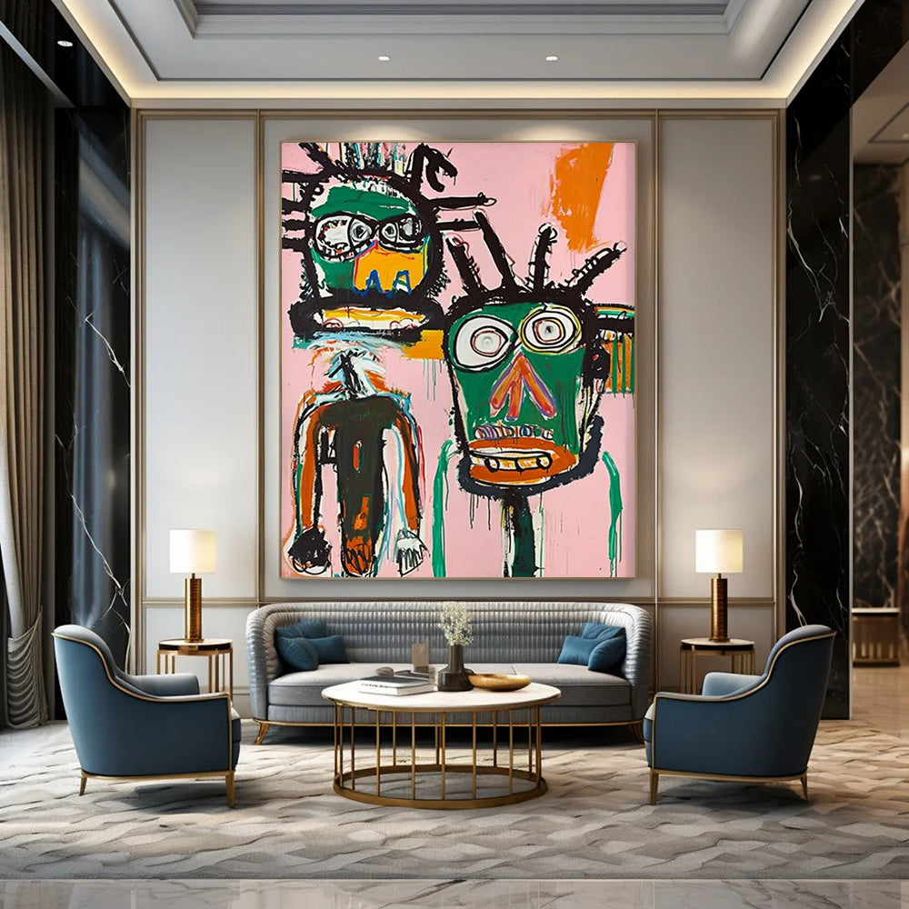 “Dual Tribal Figures on Pink” - Basquiat - Inspired Street Art Painting On Canvas DTP106