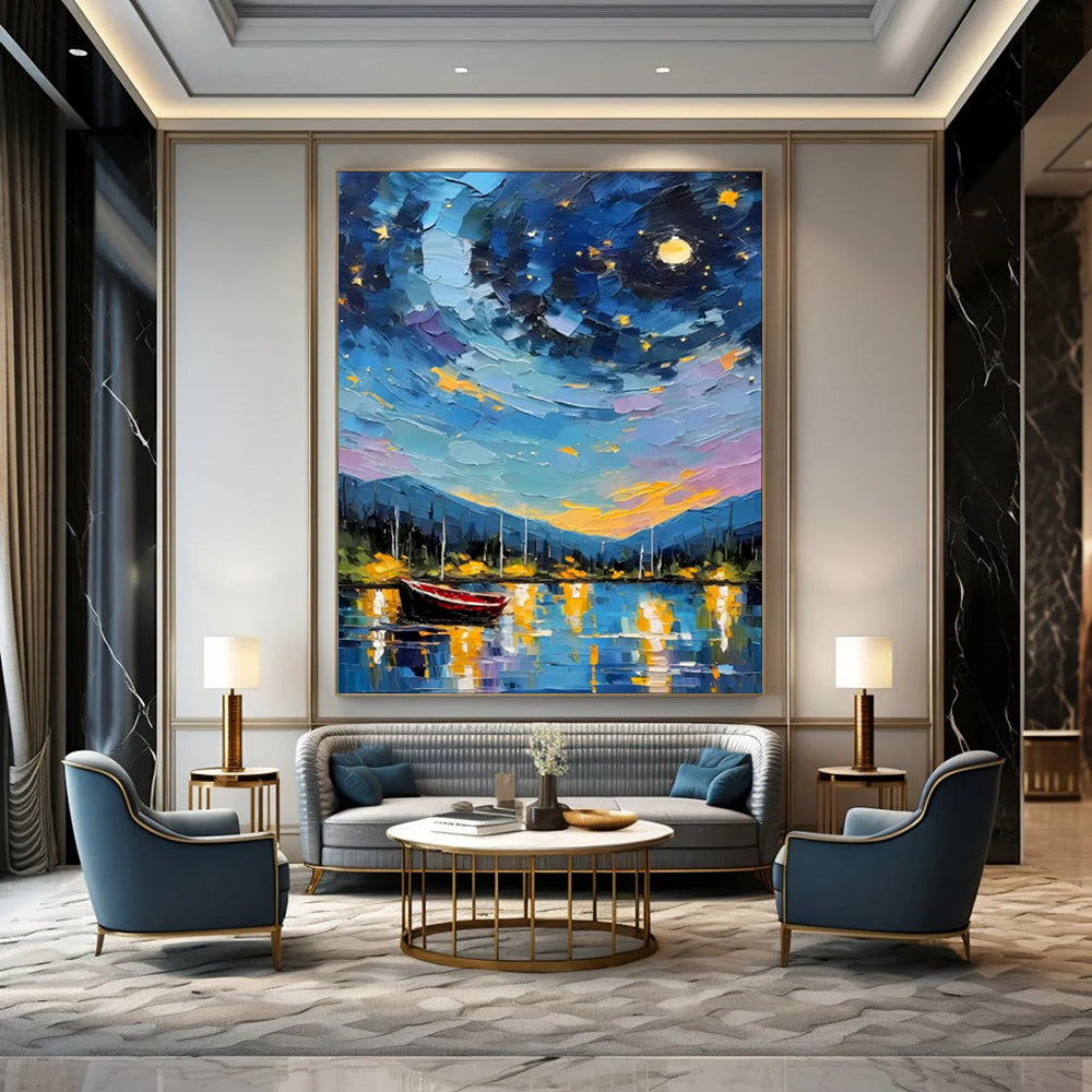 “Starry Night Harbor” - Impasto Landscape Oil on Canvas CT1886