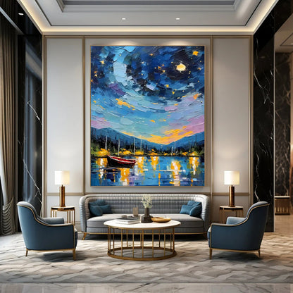 “Starry Night Harbor” - Impasto Landscape Oil on Canvas CT1886
