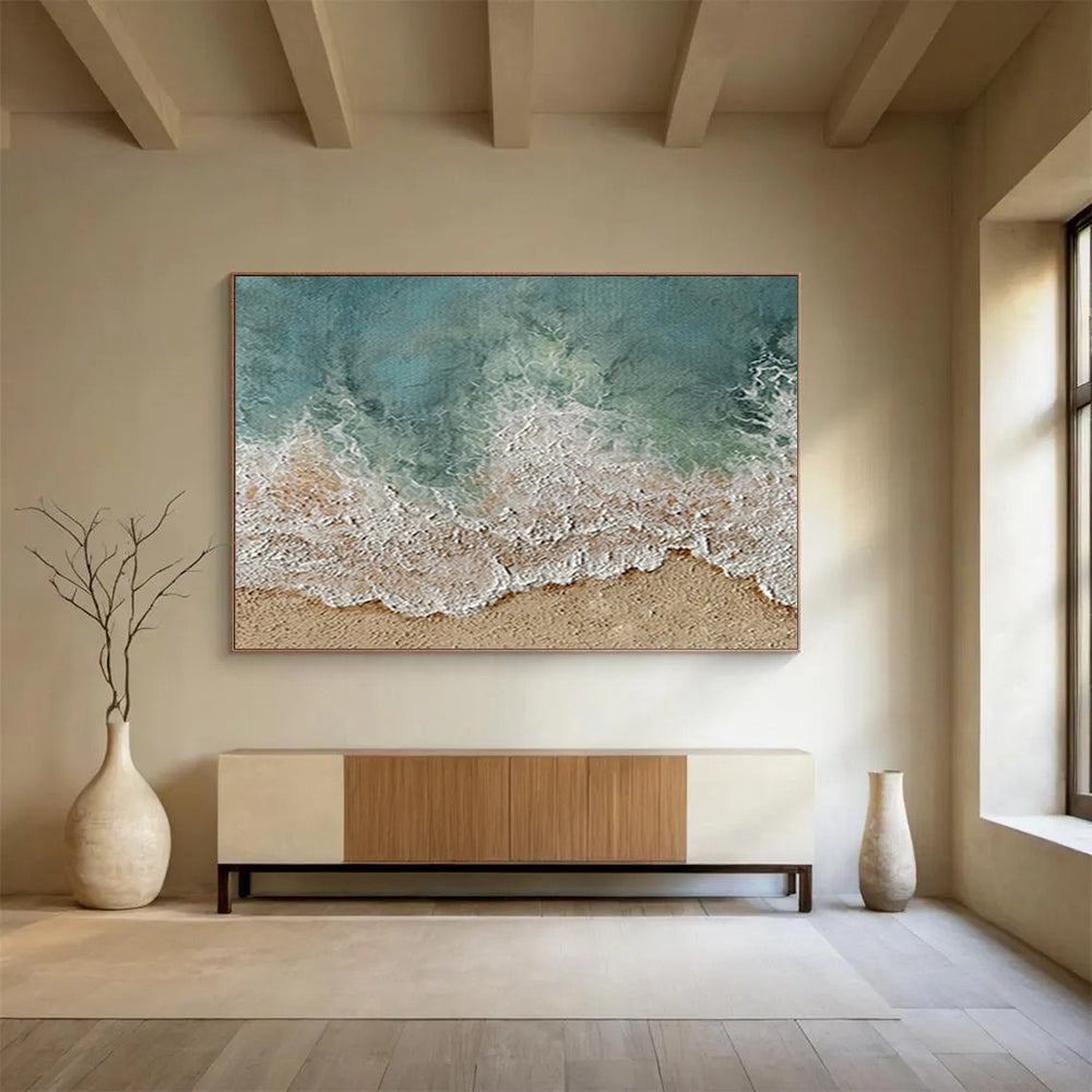 “Coastal Waves & Sands” - Turquoise, White & Beige Beach Scene Painting On Canvas DLZ252