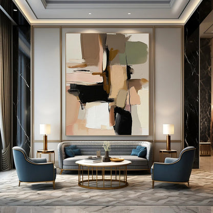 Earth Tones & Black Shapes - Abstract Geometric Painting On Canvas DKH1240