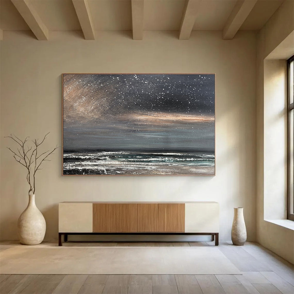 Monochromatic Starry Shore “Midnight Beach Whispers” Painting On Canvas DKH105