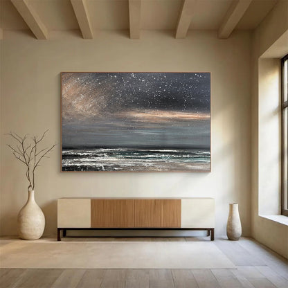 Monochromatic Starry Shore “Midnight Beach Whispers” Painting On Canvas DKH105