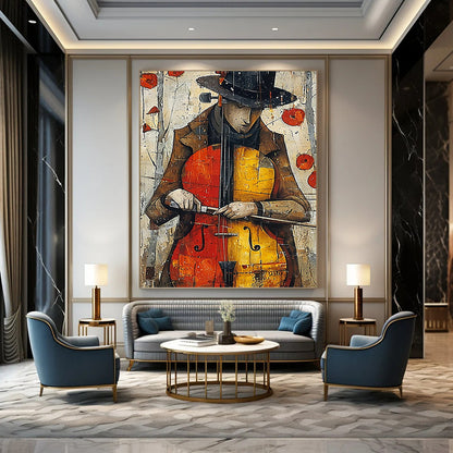 “Melodic Muse” - Colorful Cello Player with Poppies Background Painting On Canvas DKH1532
