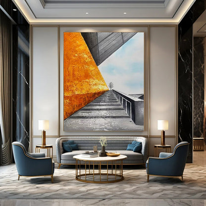 “Golden - Gray Architectural Path” - Orange, Gray, Blue Architectural Scene Painting On Canvas DTP281