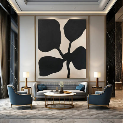 “Black Flower - like Forms on Light Background” - Minimalist Abstract Painting On Canvas DKH1077