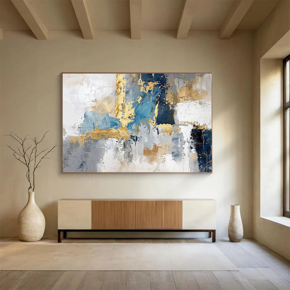 “Blue, Gray & Gold Abstract Fusion” Abstract Textured Painting On Canvas DKH344