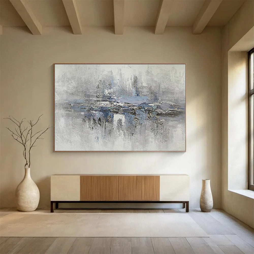 “Gray & Blue Misty Reflection” Abstract Landscape Painting On Canvas DKH349