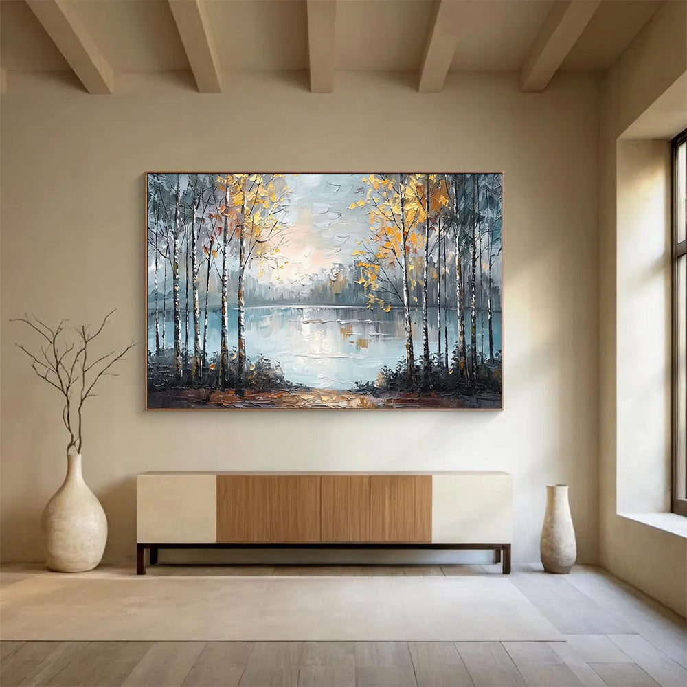 Autumn Forest Lake - Gray, Blue & Yellow Landscape Painting On Canvas DKH904