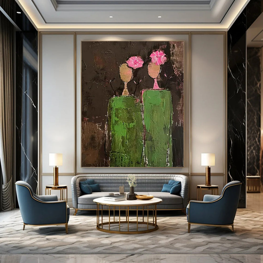“Simple Figures” - Green & Brown Abstract Figure Painting On Canvas CT2242