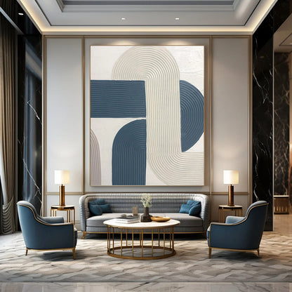 “Curved Harmony” - White & Blue Ribbon - like Shapes Painting On Canvas DKH1163