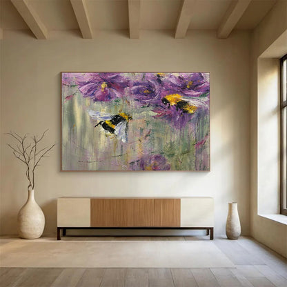 “Buzzy Floral Delight” - Purple, Yellow, Black Bee & Flower Impressionistic Painting On Canvas DKH718