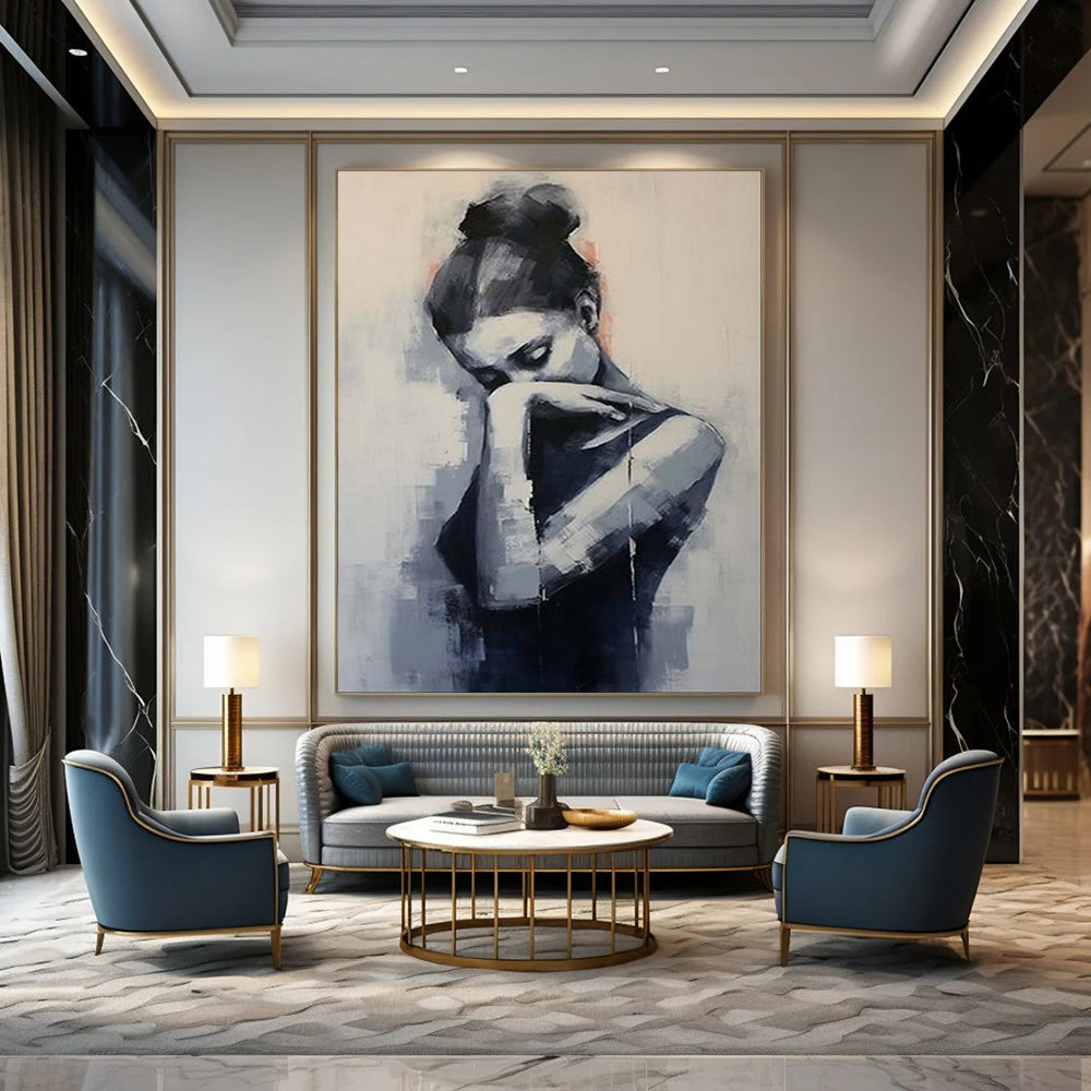 “Contemplative Figure: Monochromatic Abstract Portrait” - Modernist Figurative Acrylic on Canvas CT1910