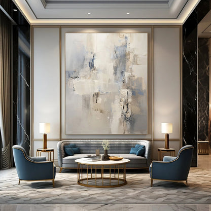 Neutral & Blue Abstract Forms - Abstract Composition Painting On Canvas DKH1249